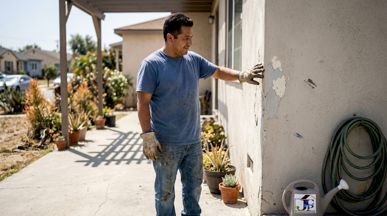 Homeowner inspecting faded exterior paint in LA