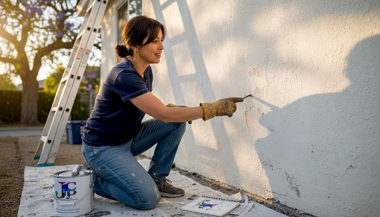 Homeowner checking sunworn paint on stucco wall