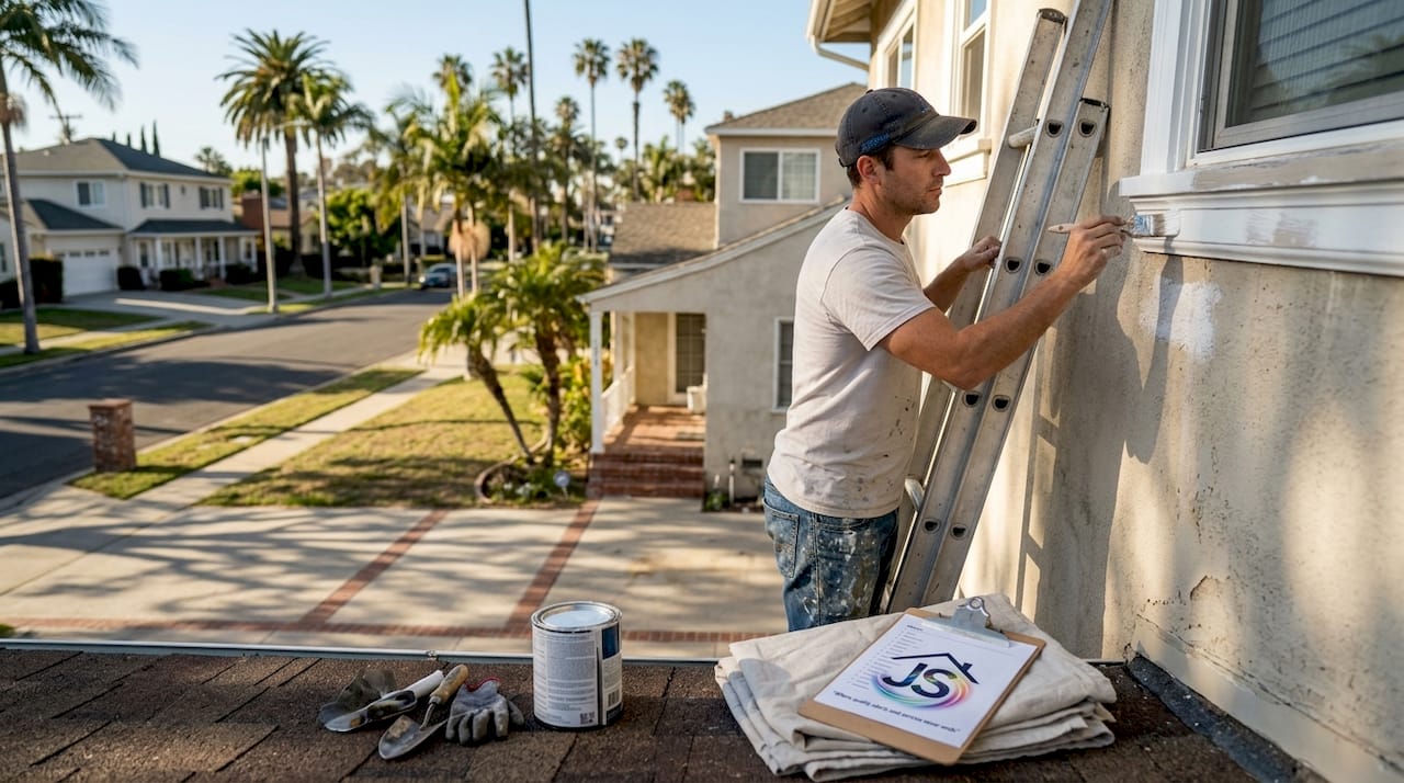 Homeowner painting LA house trim outdoors