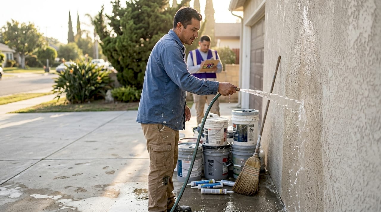 Painter washing stucco surface for maintenance