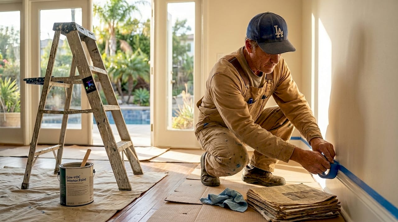 Painter preps sunlit LA living room wall