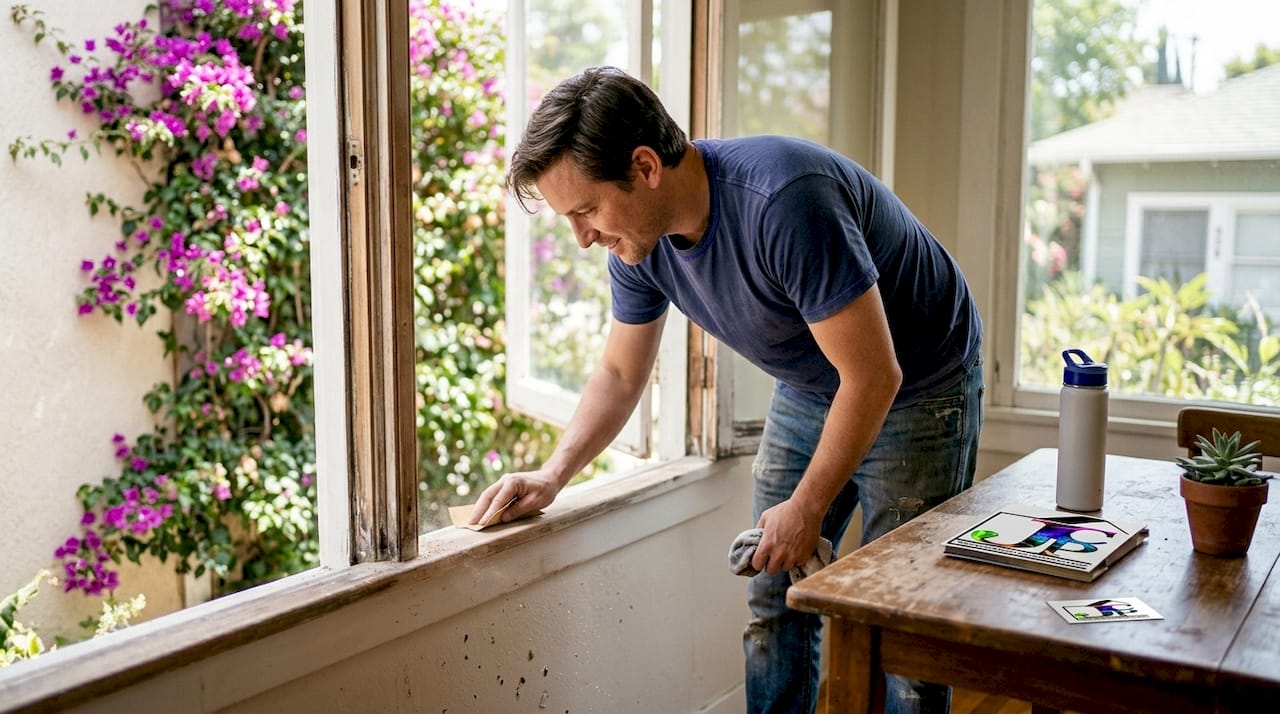 Homeowner sanding window frame for paint prep