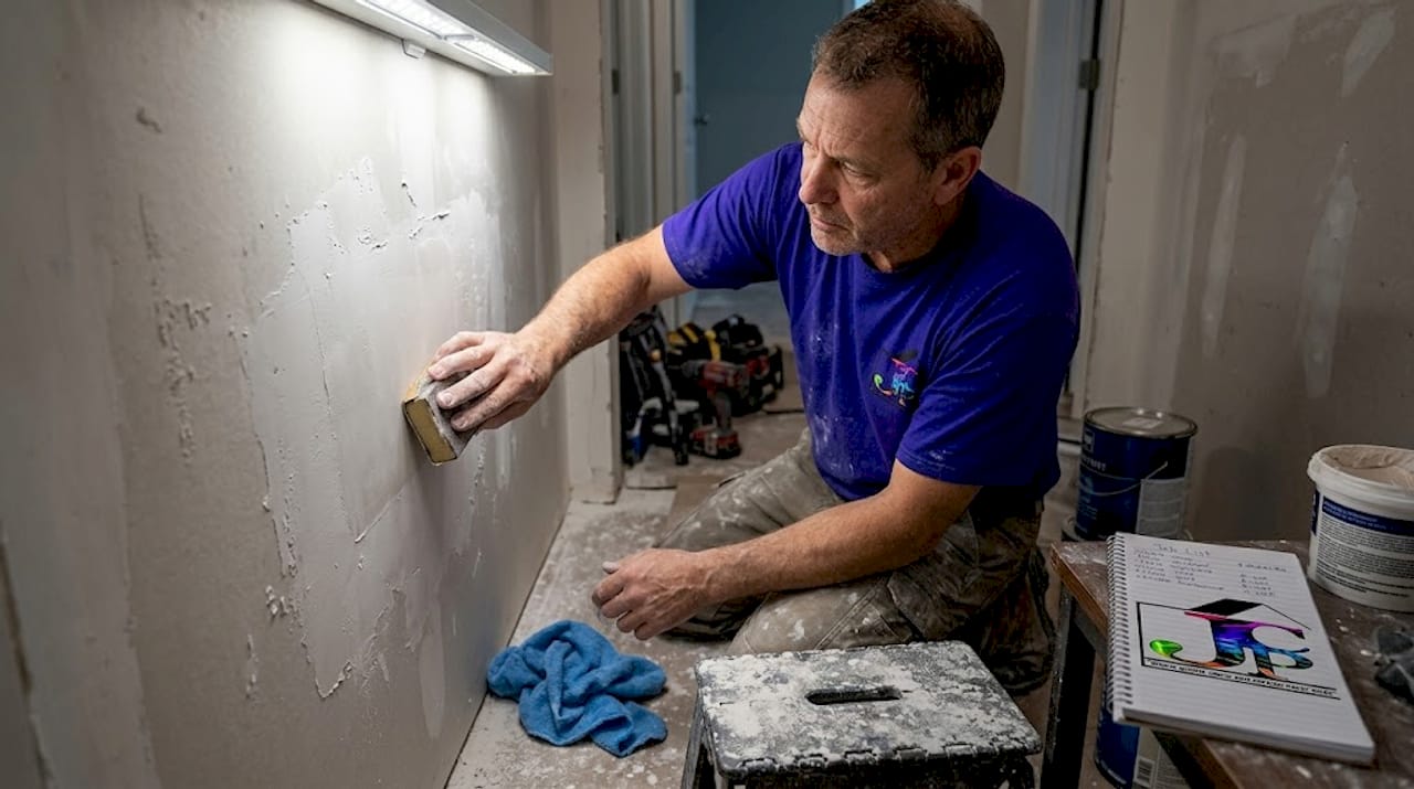 Person sanding and prepping drywall for paint