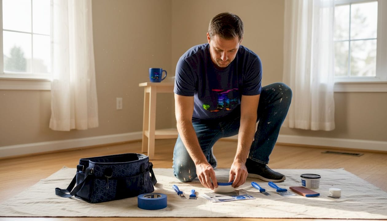 Homeowner arranging wall painting prep tools