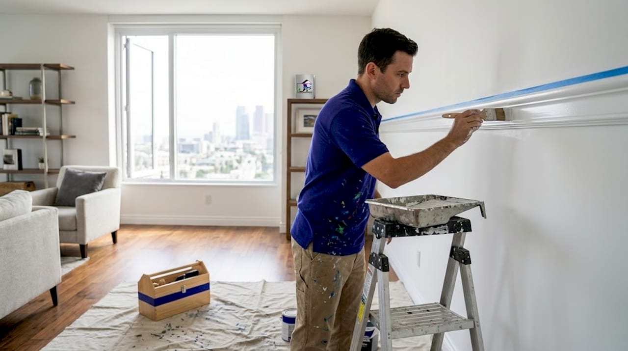 Painter applying fresh trim paint in sunny living room