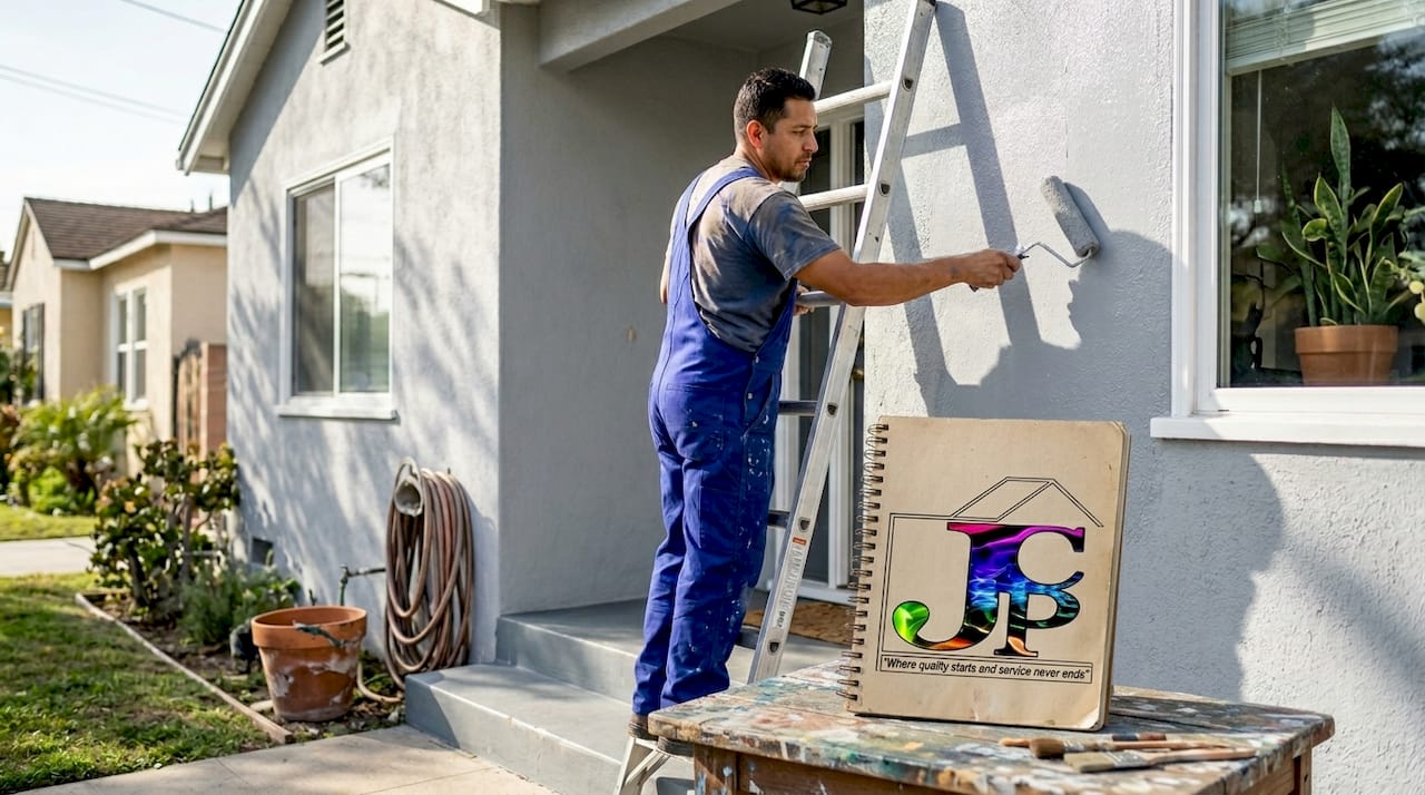 Painter repainting LA home exterior in sunlight