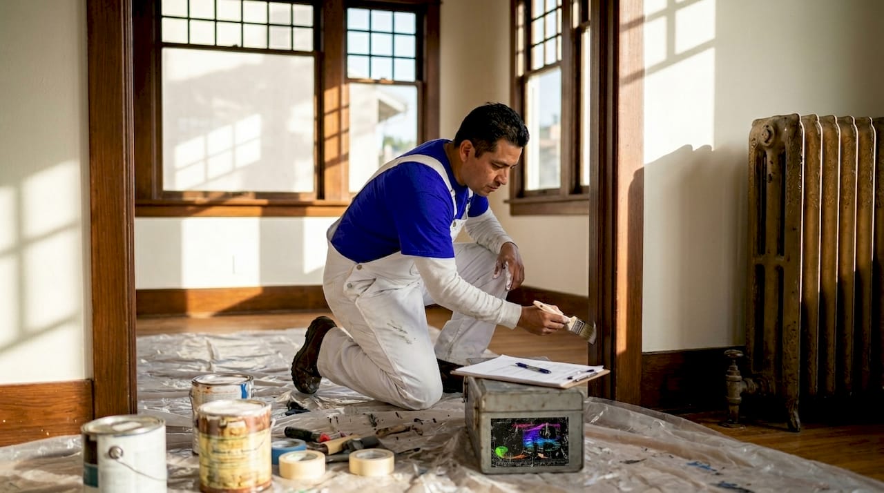 Painter working in LA Craftsman living room