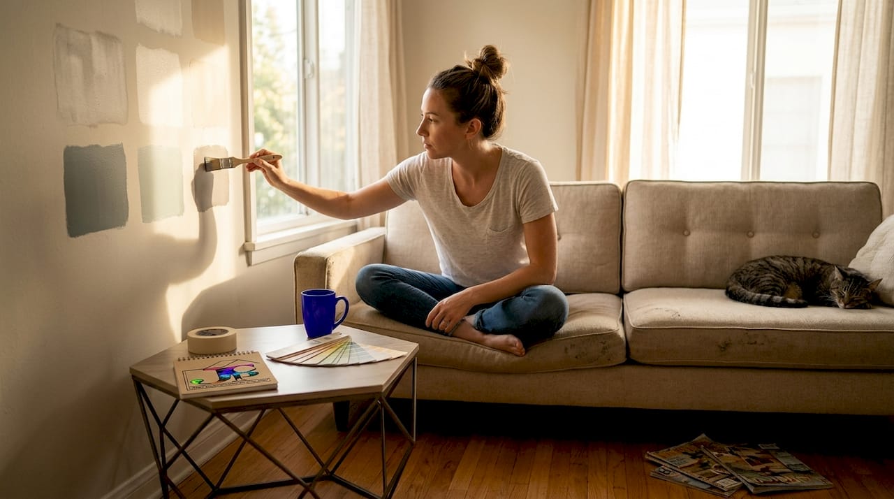 Woman painting test sheen patches in sunny LA living room
