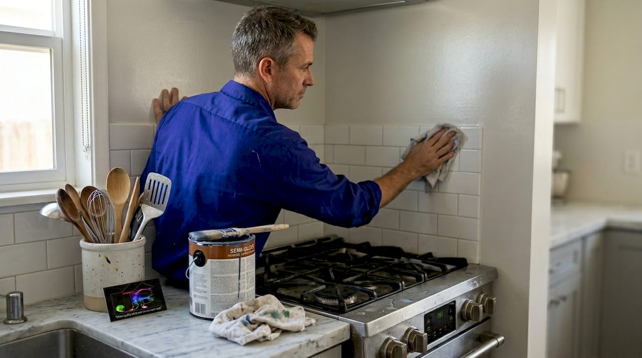 Man cleaning semi-gloss painted kitchen wall