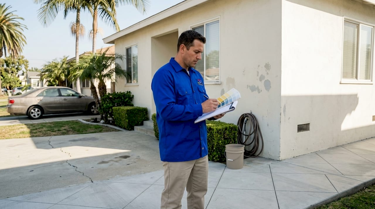 Homeowner evaluating weathered paint on LA home
