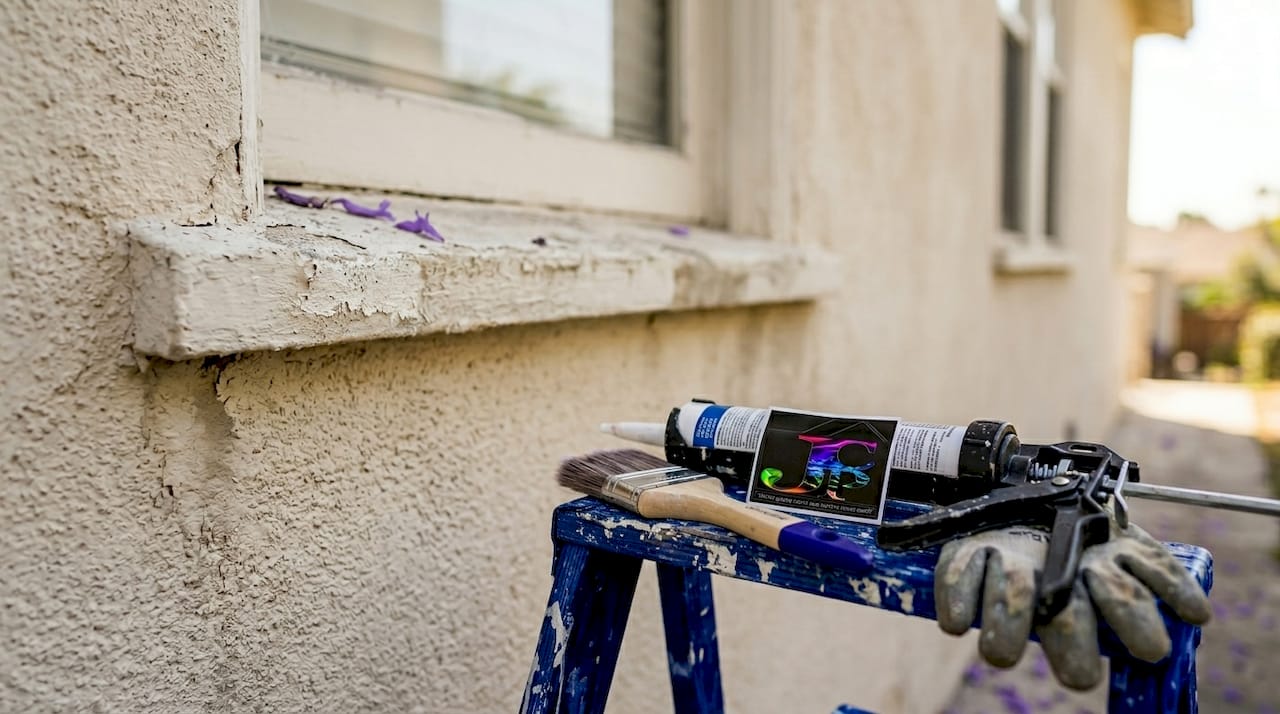 Stucco wall with paint peeling and tools