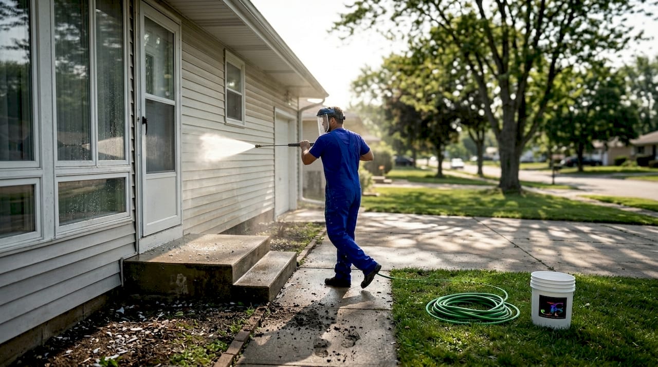 Painter power washing home exterior before painting
