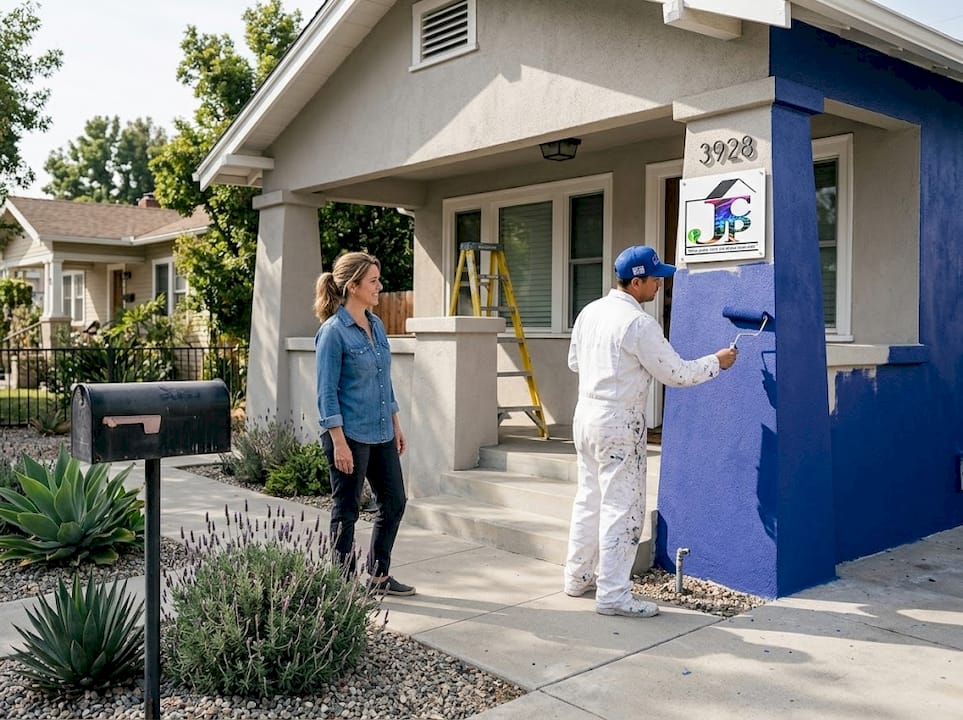 Painter working on Los Angeles bungalow exterior