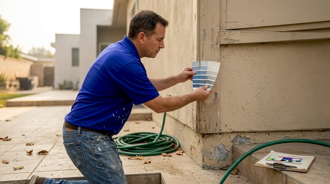Homeowner inspects faded trim paint outdoors