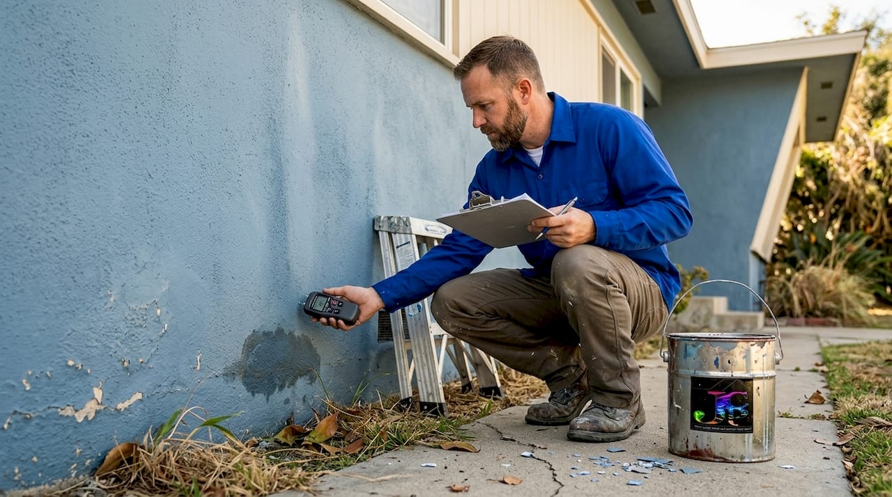 Painter checking exterior wall for moisture
