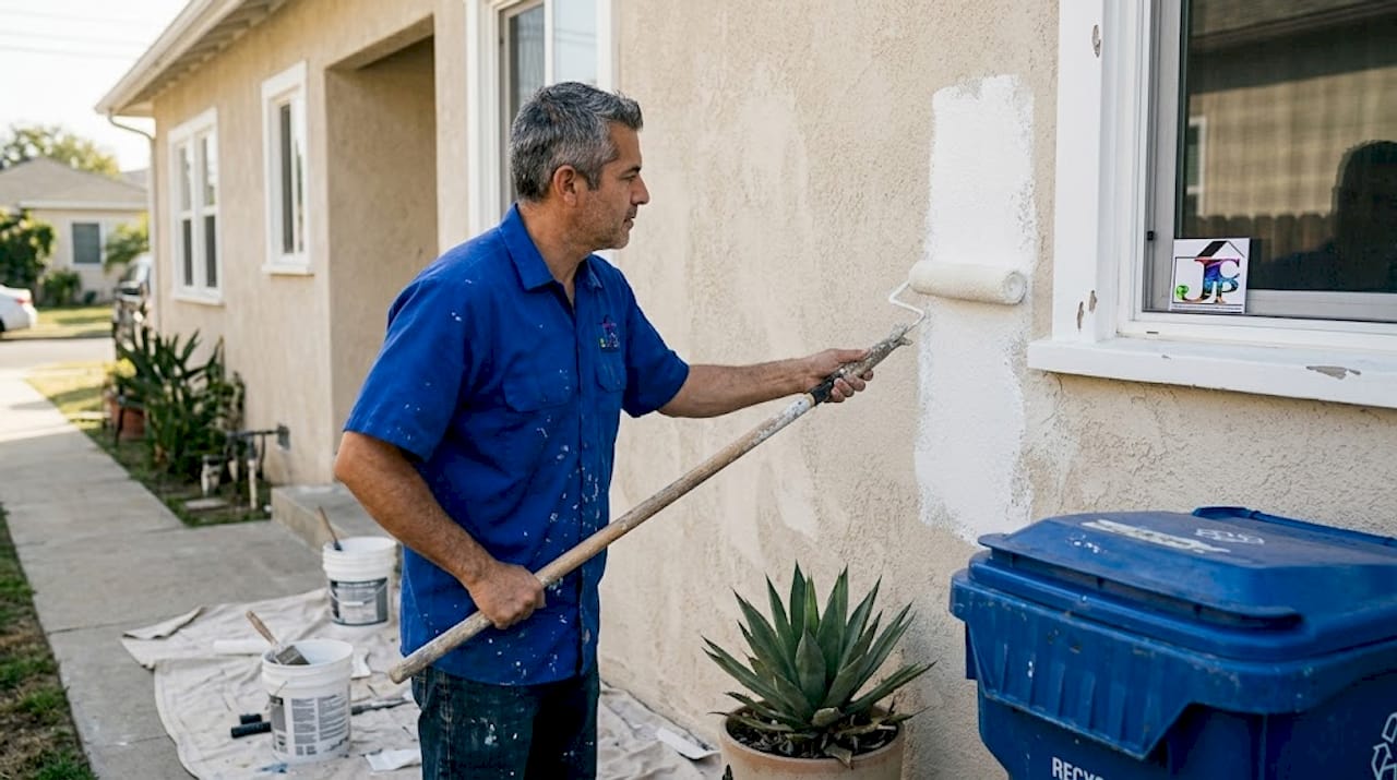 Contractor painting stucco wall in Los Angeles
