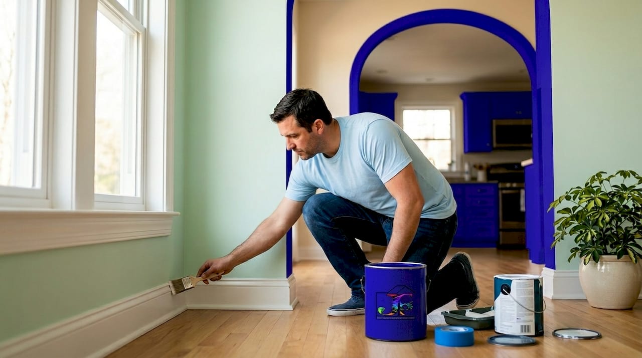 Painter working on trim and accent wall