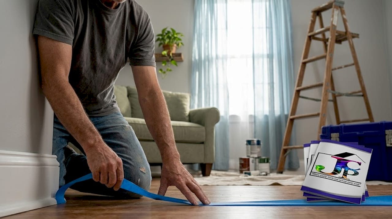 Homeowner applying painter’s tape on baseboards