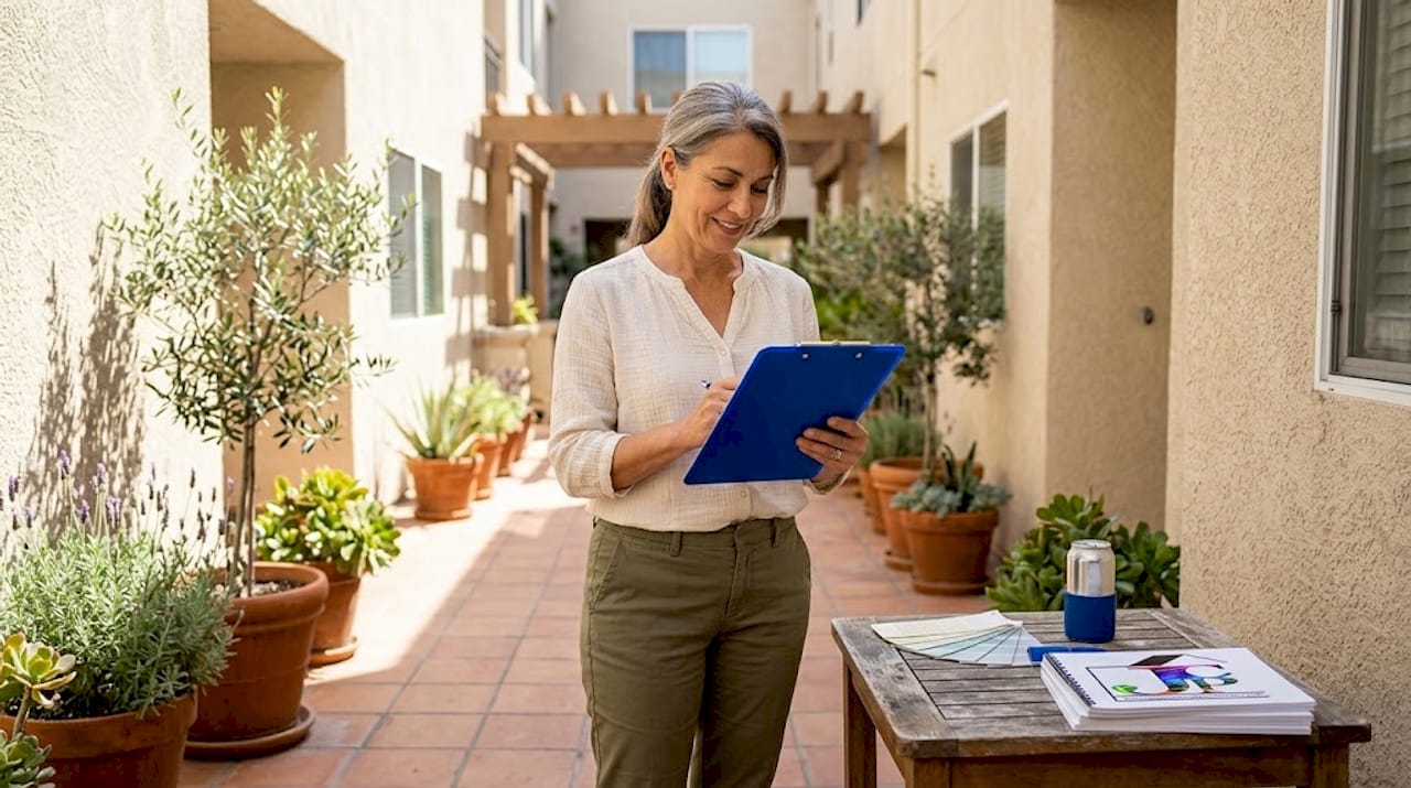 Manager checks HOA paint rules outside condo