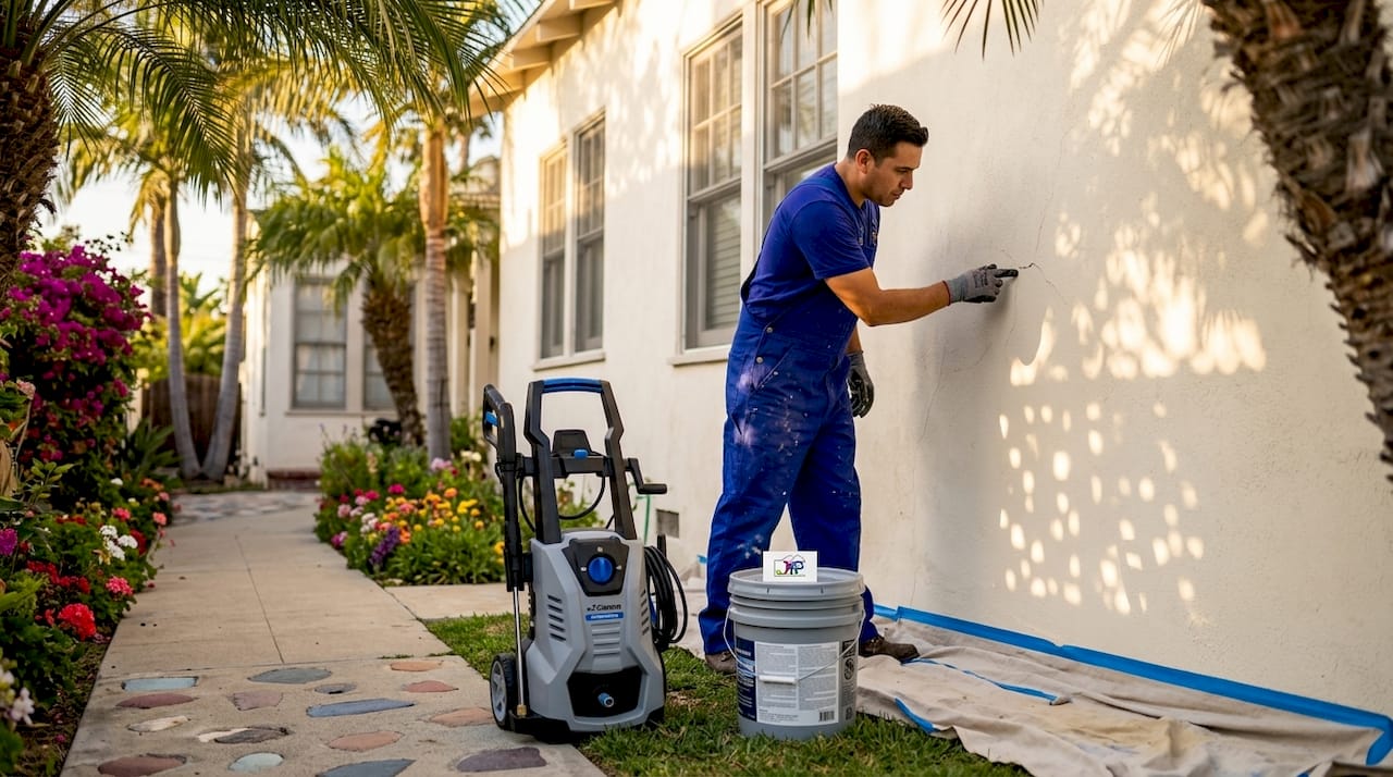 Worker inspects stucco wall for painting prep