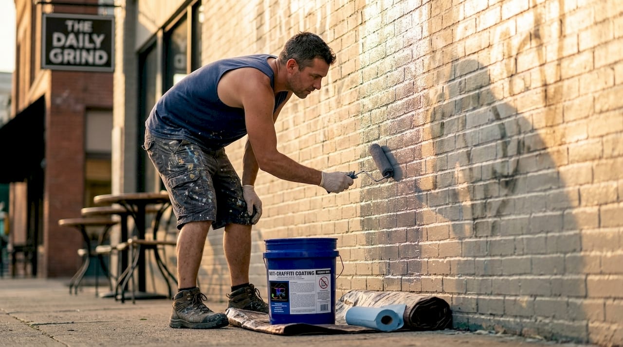 Technician applies anti-graffiti coating to wall