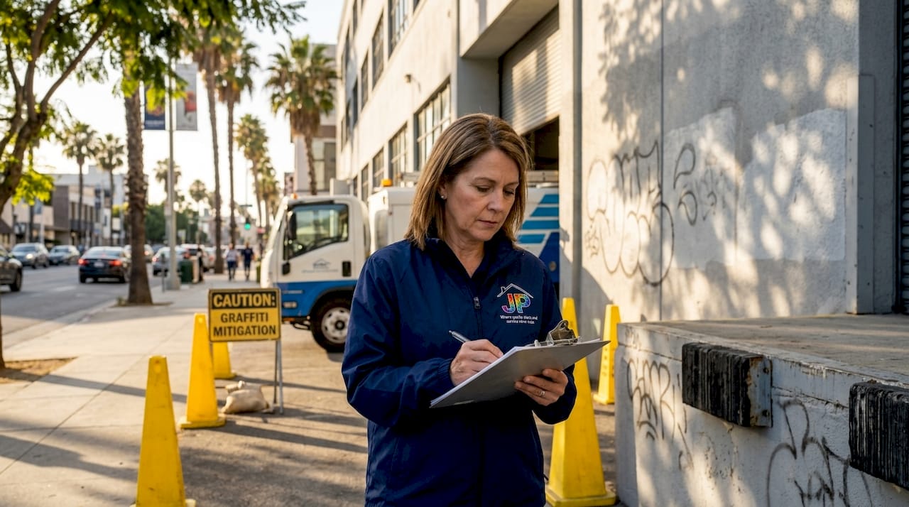 Property manager checks graffiti protection walls