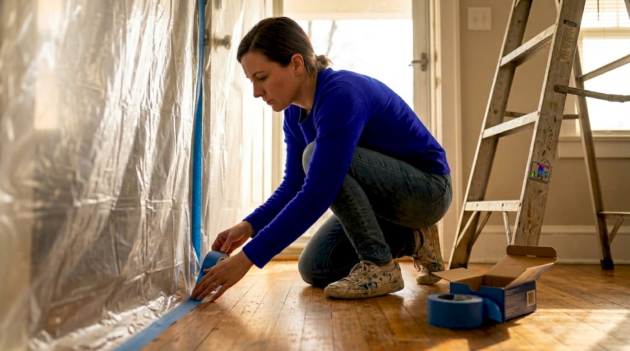 Sealing doorway with plastic to contain dust
