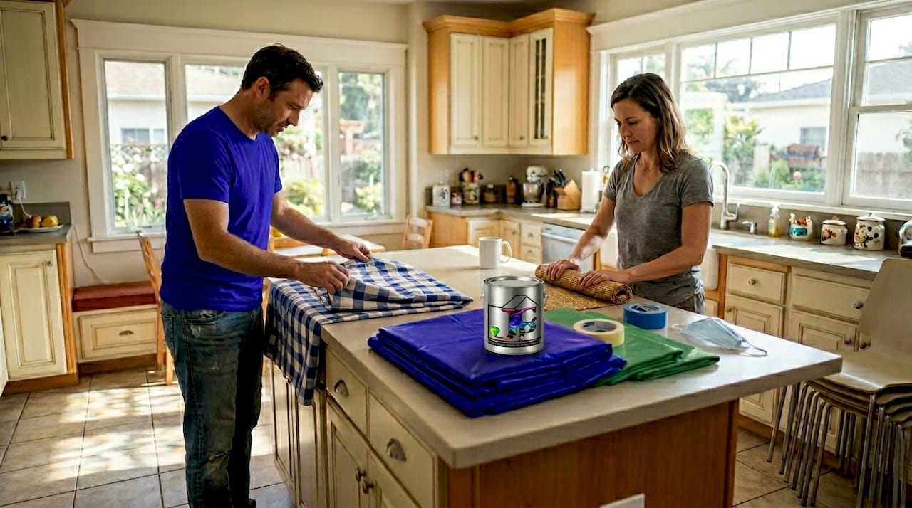 Couple preparing living room for painting