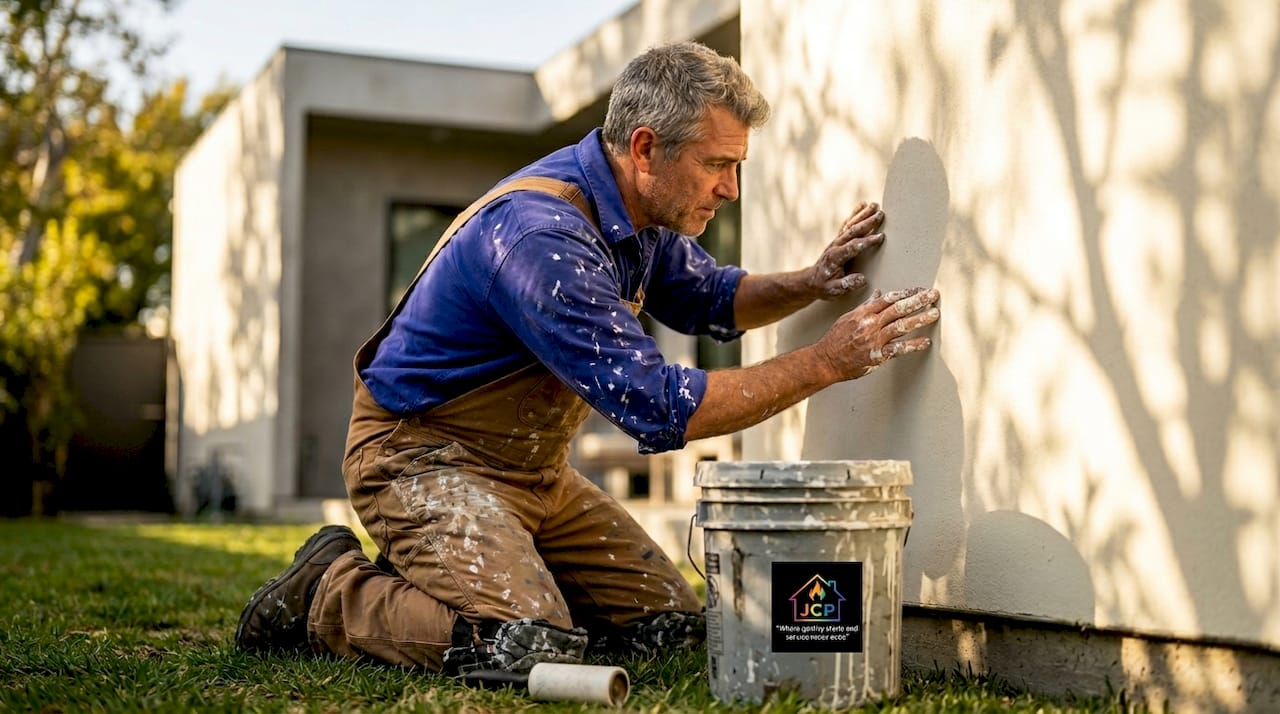 Painter inspects stucco wall of LA home