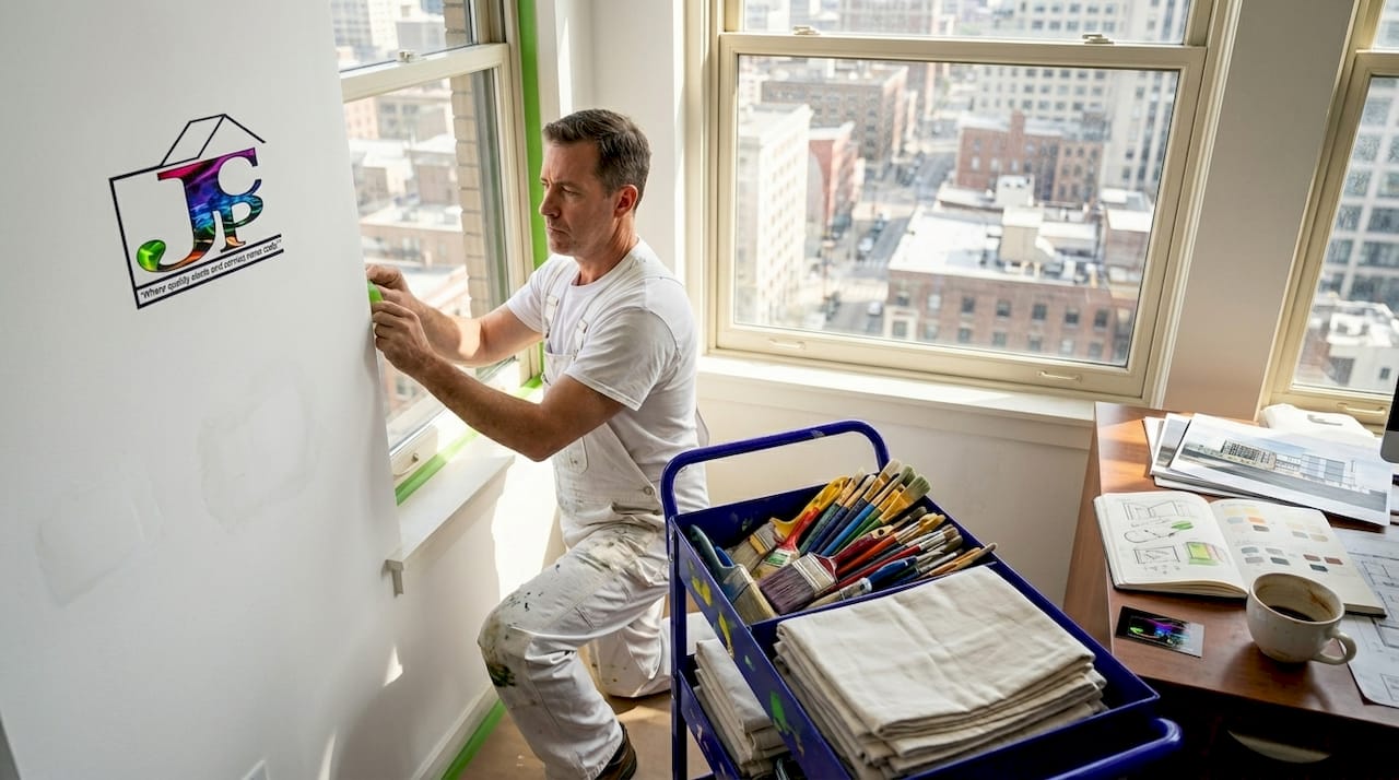 Painter preparing corner office for painting