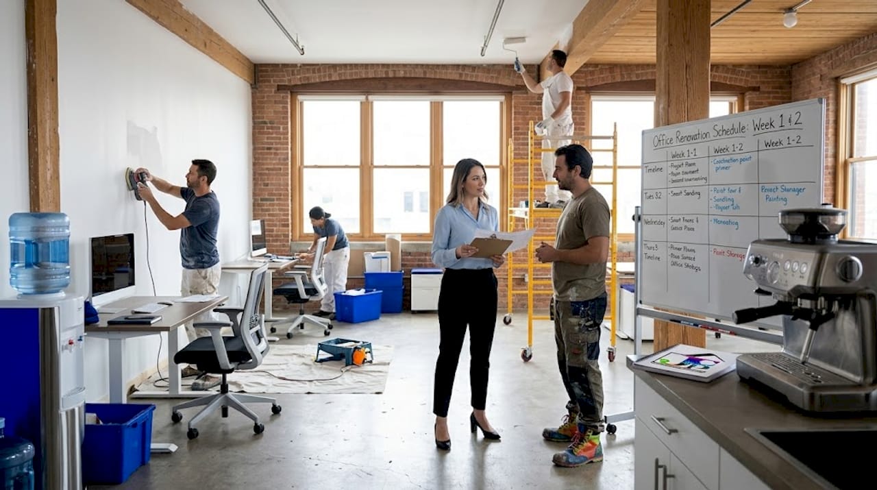 Team prepping open-plan office for painting