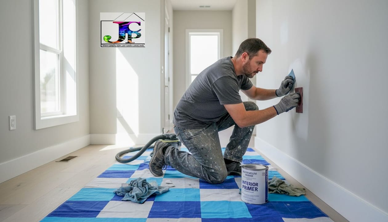 Painter sanding wall to prepare surface