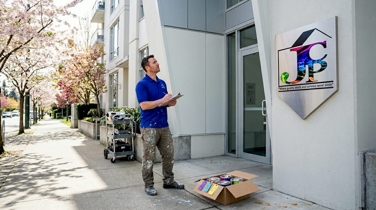 Painter assessing apartment building before project
