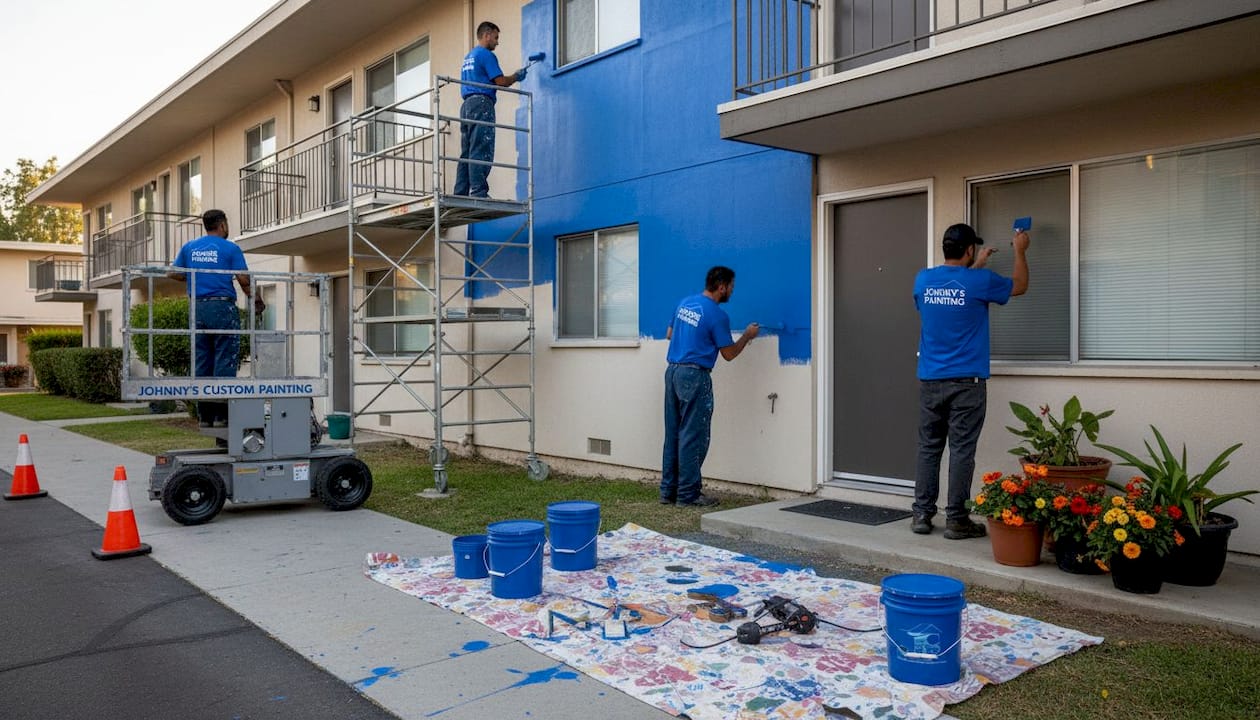 Painting crew working on apartment exterior