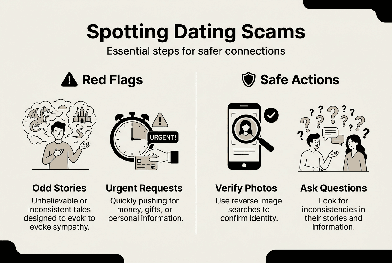 Infographic showing dating scam warning signs and protective actions to take