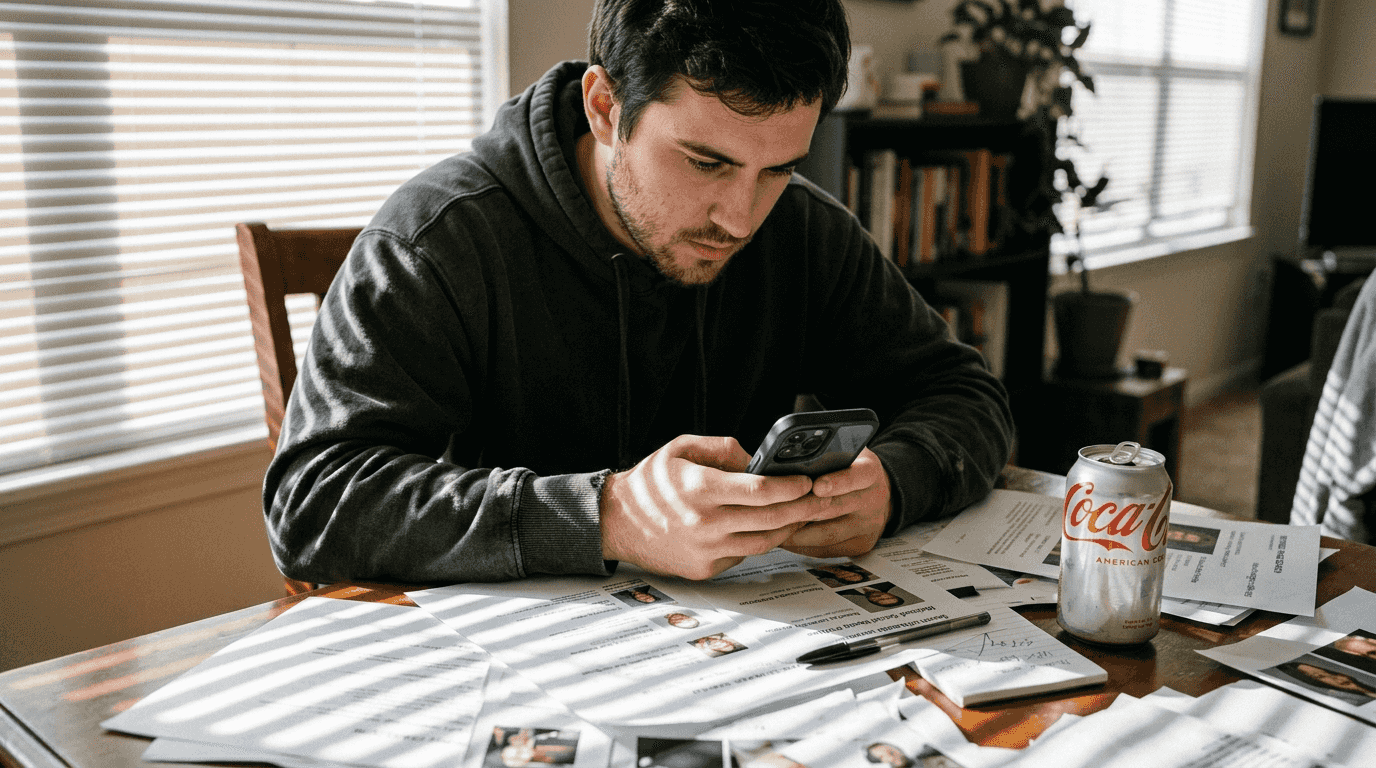 Man using phone to verify a dating profile for scam detection