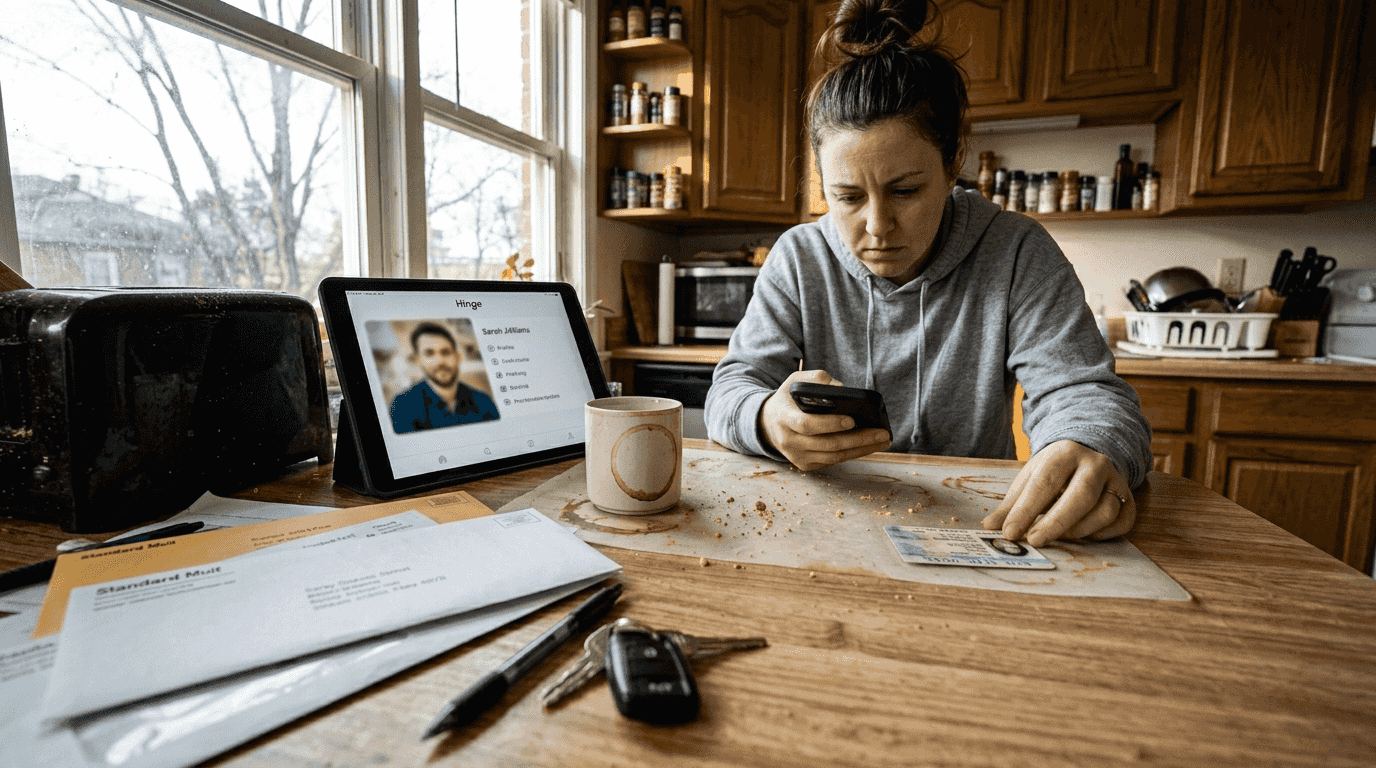 Woman struggling with traditional identity verification on a dating platform in 2026