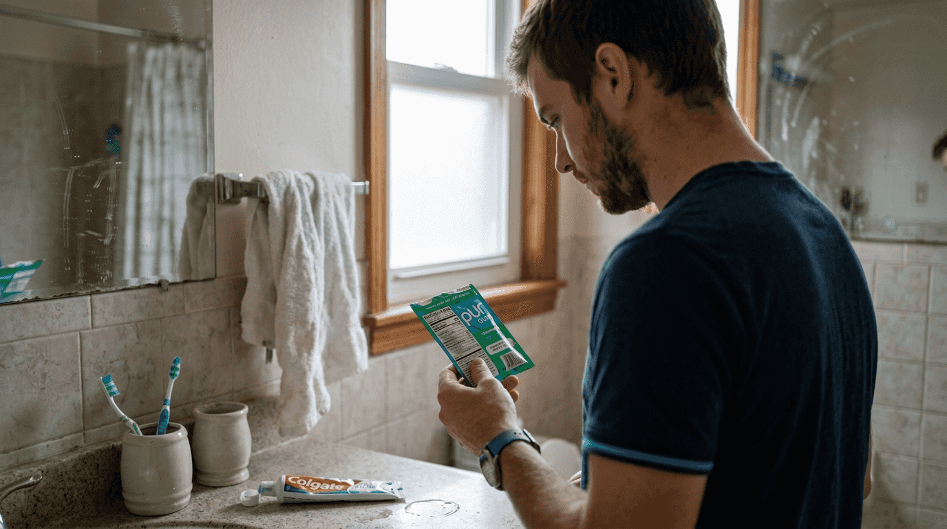 Man reading xylitol gum instructions in bathroom