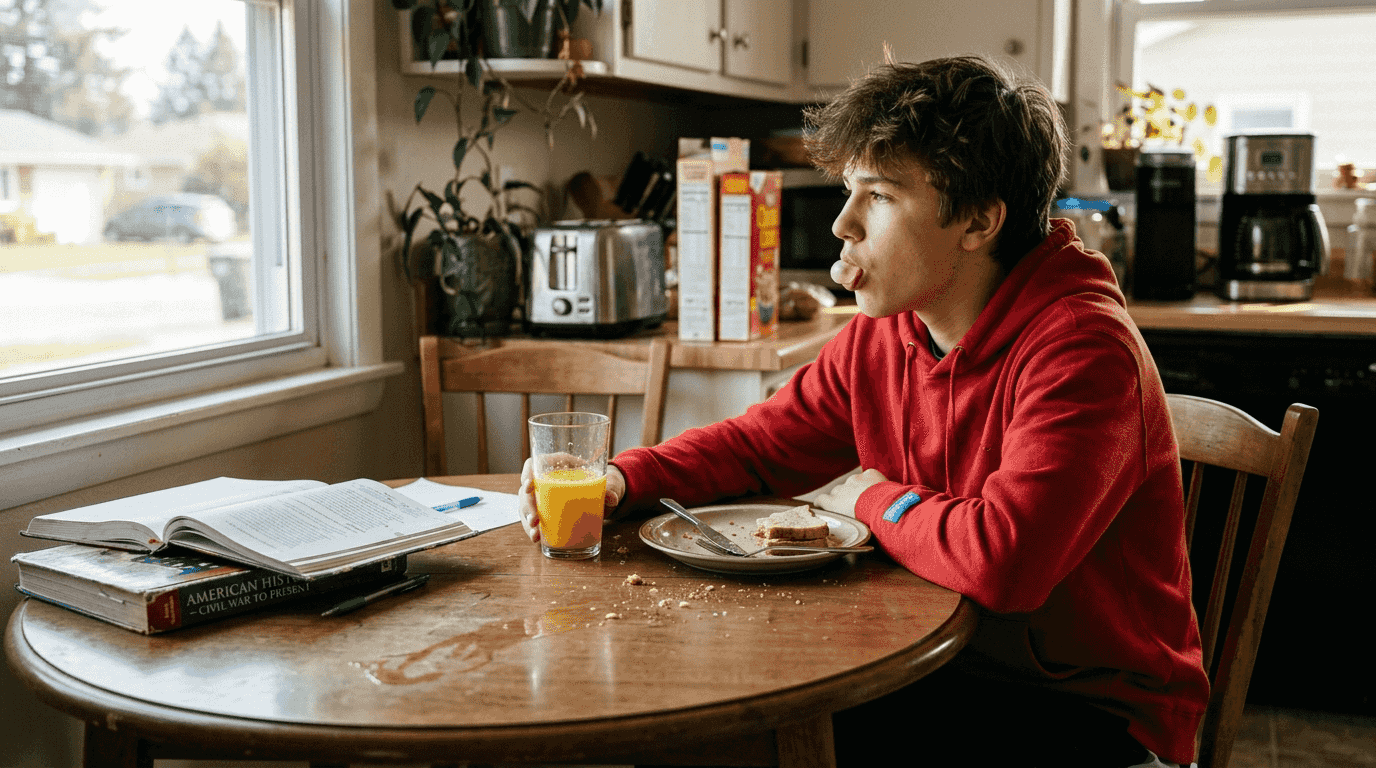 Teen chewing gum after meal in kitchen
