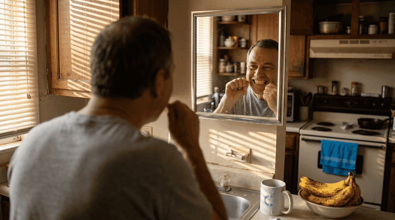 Man checking teeth color in home mirror