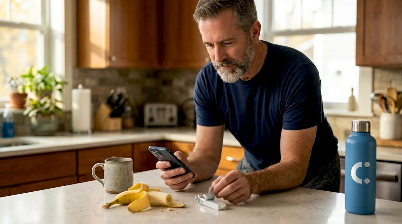 Man logging gum chewing session in kitchen