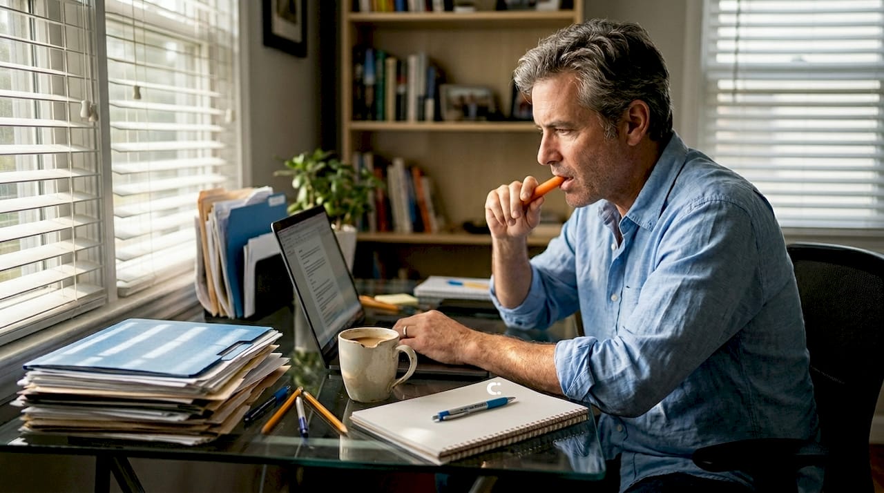 Man chewing carrot at home office desk
