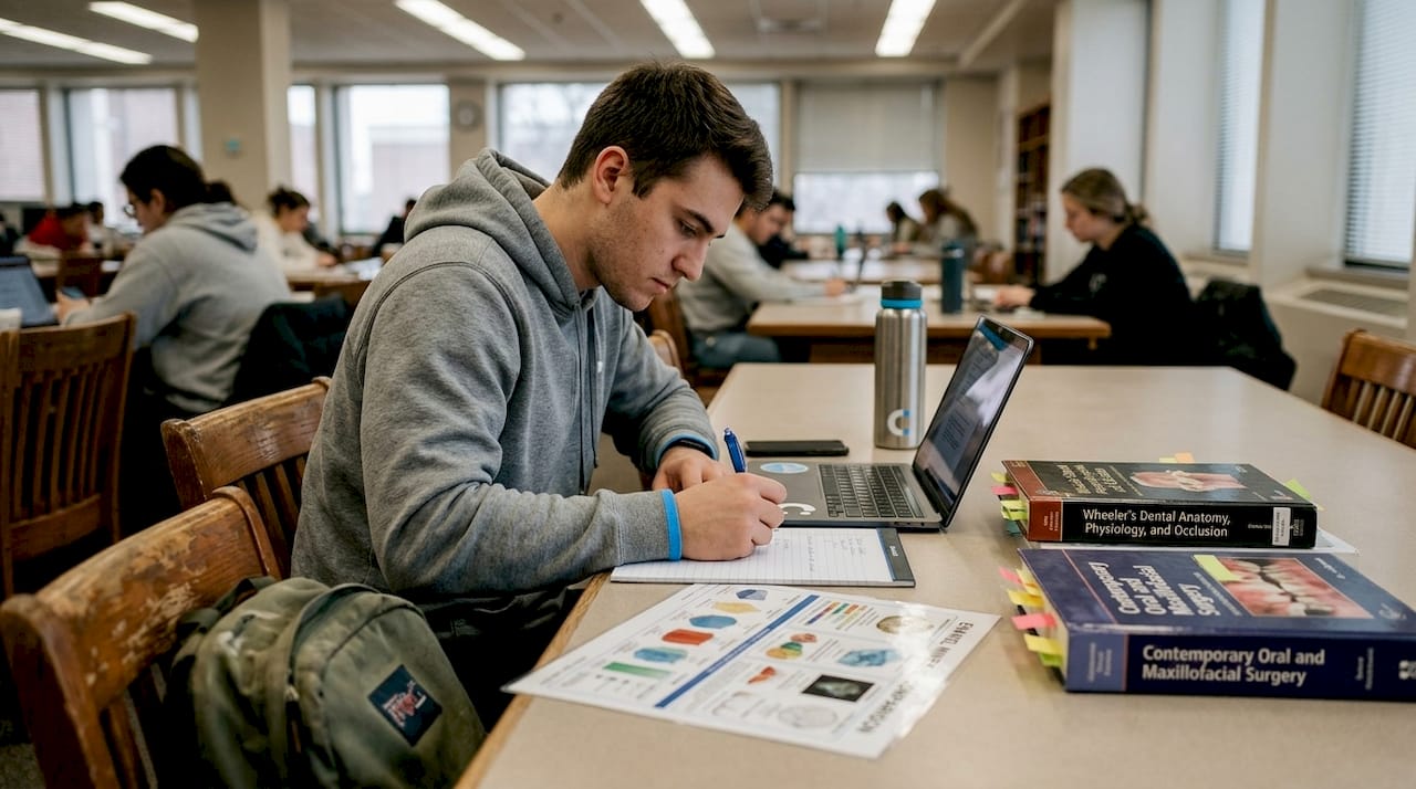 Dental student reviewing enamel mineral chart