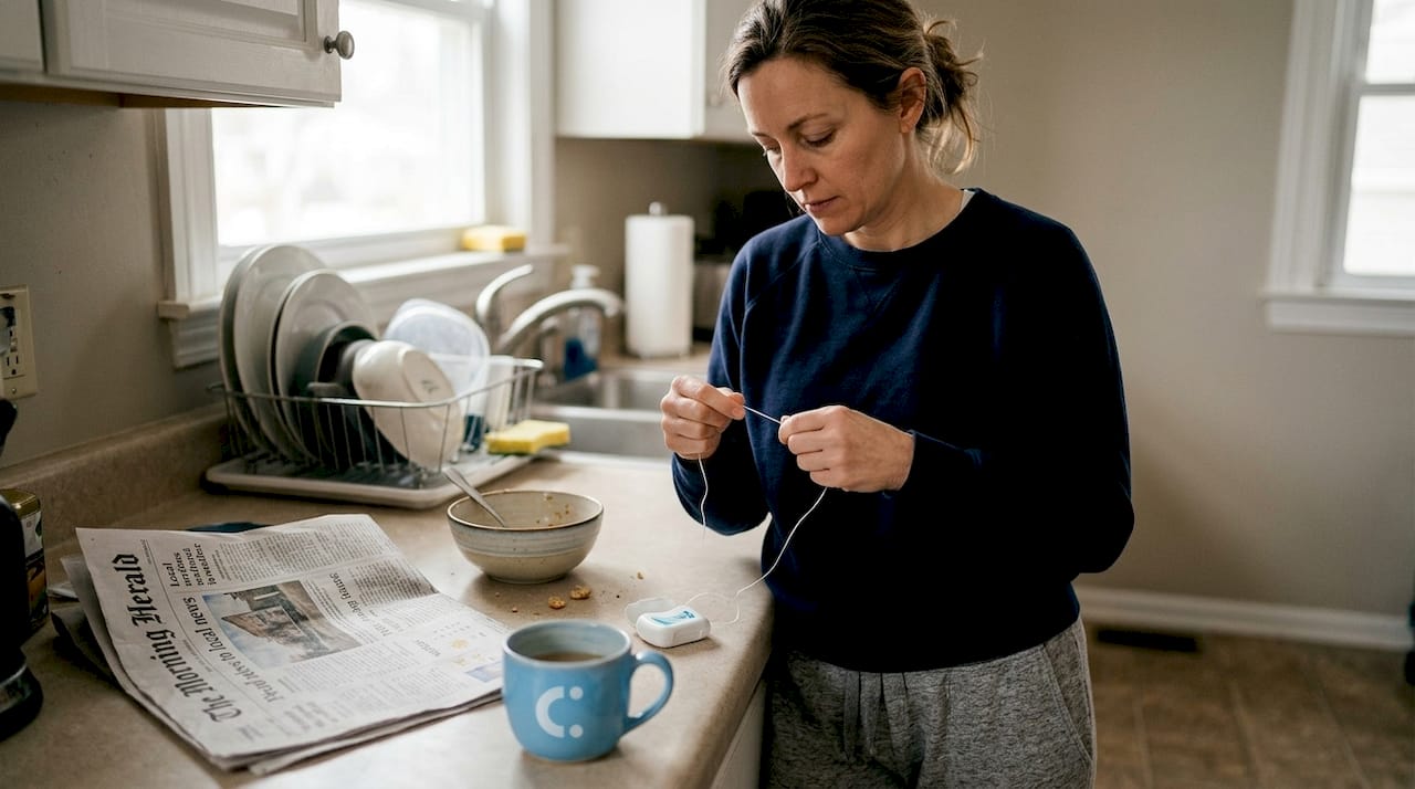 Woman flossing teeth in kitchen after breakfast