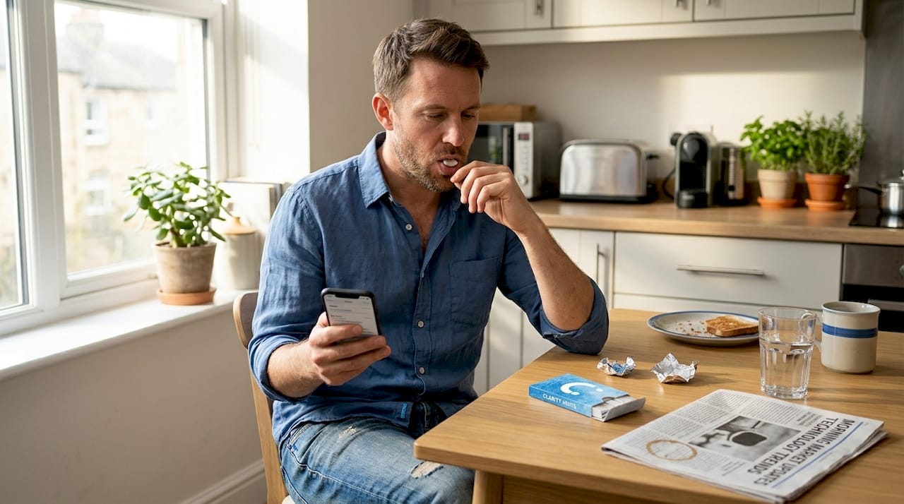 Man chewing gum at kitchen table casually