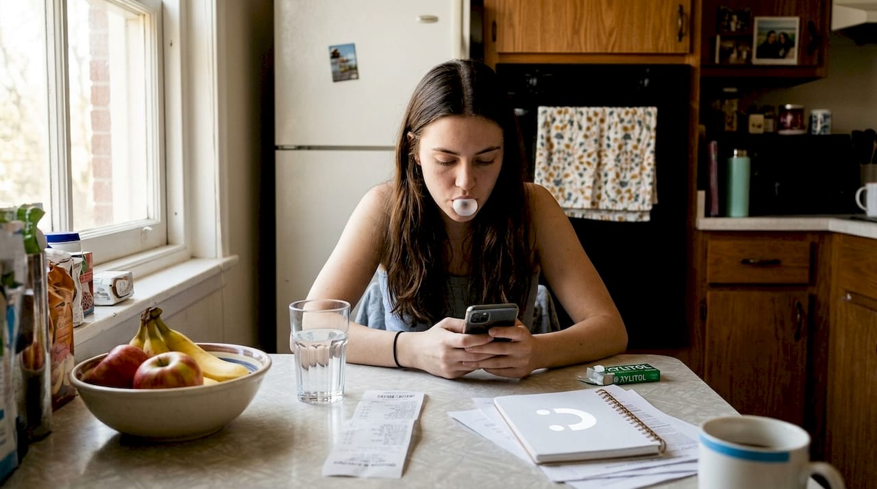 Woman chewing gum at kitchen table
