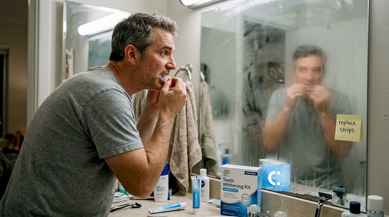 Man applying whitening strips in bathroom