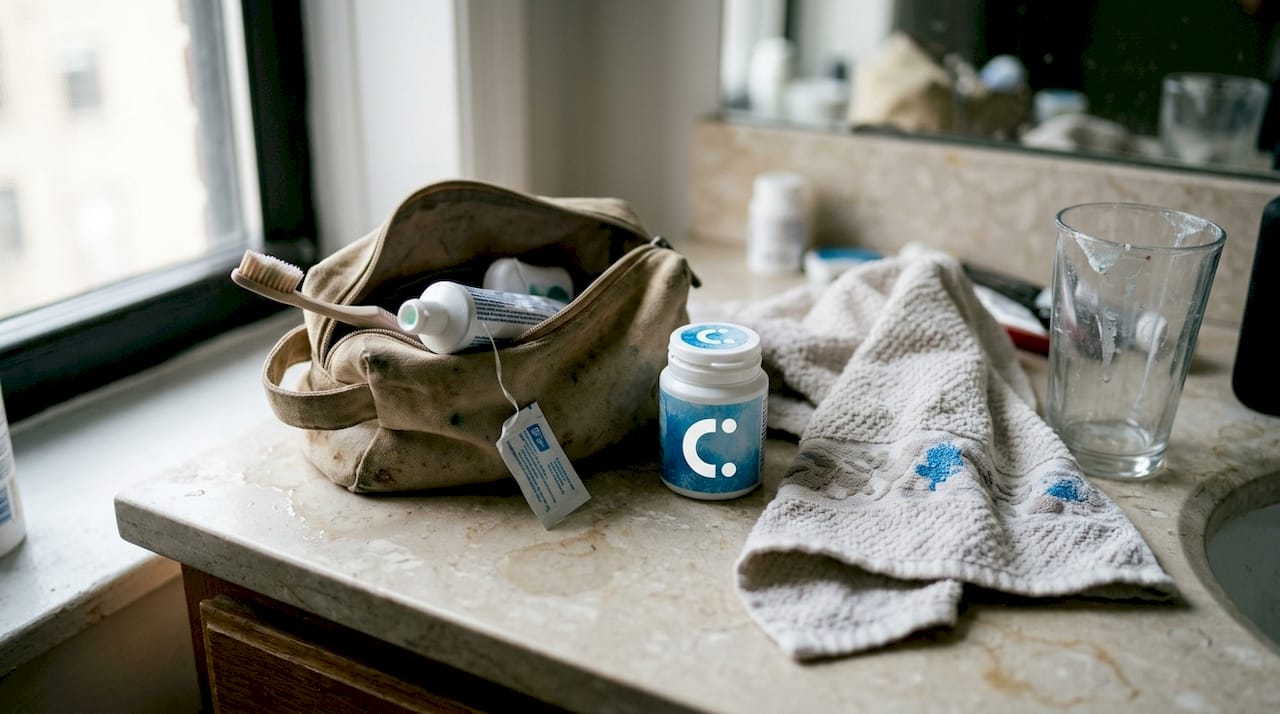 Oral care tools on bathroom countertop