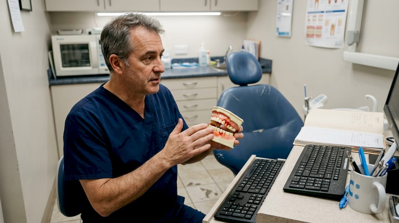 Dentist showing gum model in small clinic