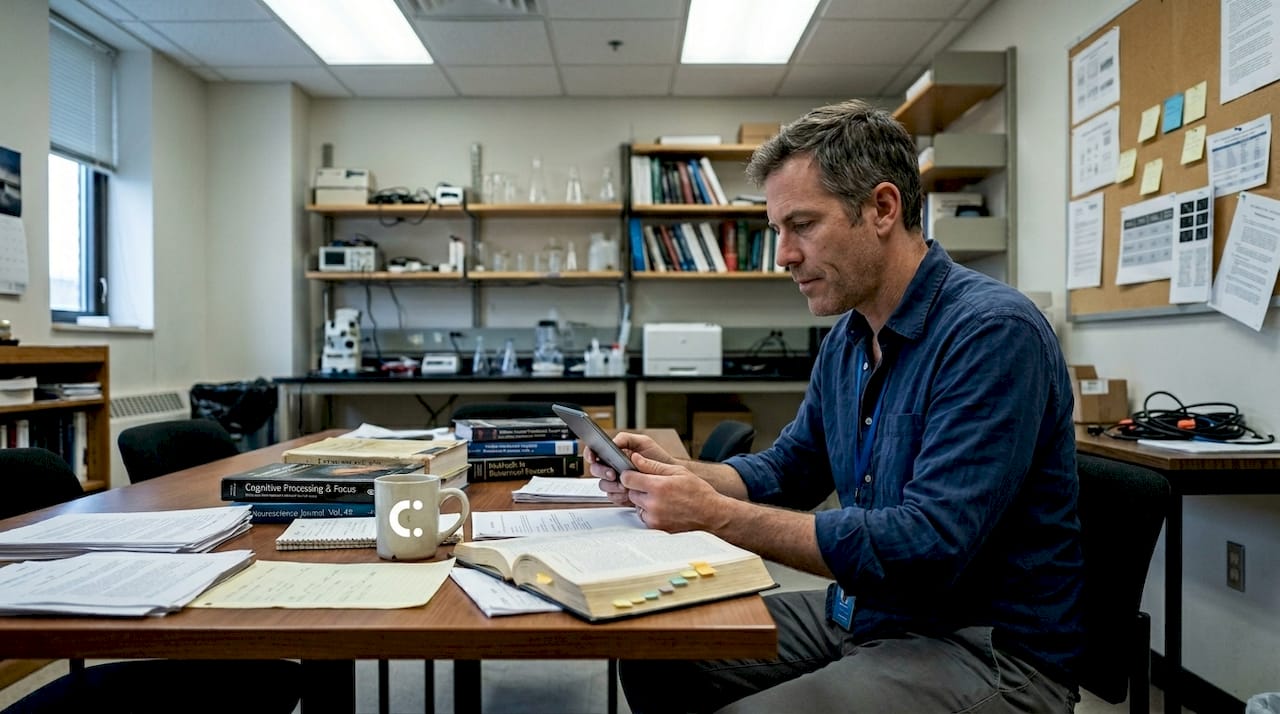 Researcher chewing gum while reviewing data